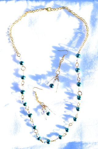 Clear & Turquoise Beaded Necklace & Earring Set