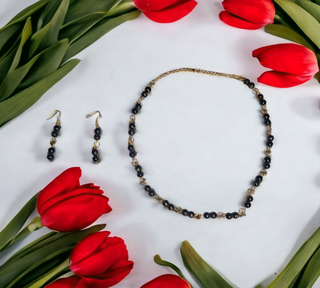 Black & Gold Bead Linked Necklace & Earring Set