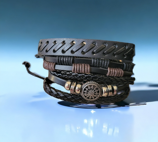 4 Pc. Black Leather Unisex Bracelet