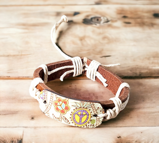 Brown & White Leather Peace Bracelets