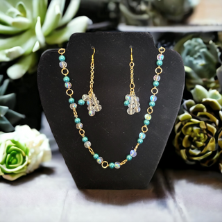 Clear & Turquoise Beaded Necklace & Earring Set